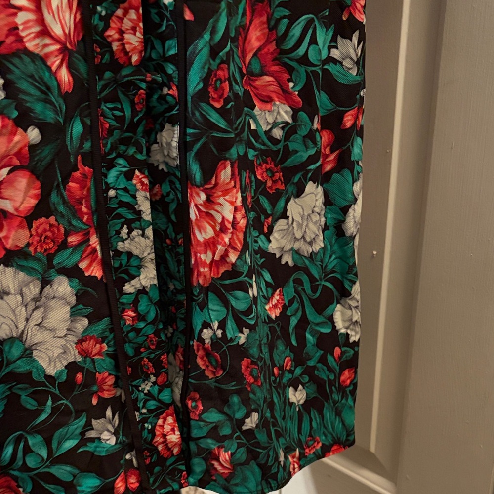 Anthropologie Black Midi Dress with Red and Green Floral Design - Picture 5 of 8